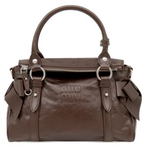 ミュウミュウ MIU MIU 2WAYバッグ トップハンドルバッグ レザー ダークブラウン シルバー金具 茶 ロゴ ハンドバッグ ショルダー リボン 5BA327 【保存袋】 【中古】新品同様品