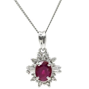 ネックレス ルビー 0.70ct ダイヤモンド ペンダント レッド×プラチナシルバー 赤 レッド 1石 1粒 オーバルミックスカット プラチナ フラワー 【中古】中古品