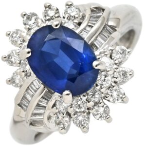 リング 指輪 サファイア ダイヤ ブルー×プラチナシルバー 1.68ct Pt900 プラチナム ブルー 青 メレ パヴェダイヤ 花モチーフ 9.5号 【中古】