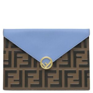 フェンディ FENDI ポーチ バスタ ミディアム レザー ブルー×ブラウン ゴールド金具 茶 ズッカ柄 FF フラットポーチ 8N0151 【保存袋】 【中古】