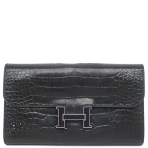 エルメス HERMES 長財布 コンスタンス ロング アリゲーター ブラック シルバー金具 黒 パープル ラッカー金具 クロコ 二つ折り財布 T 【箱】 【中古】中古品