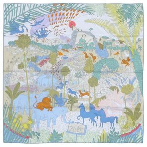 エルメス HERMES スカーフ カレ90 CARRE シルク ブルージーン×グリーン×ベージュ 【LE CARNAVAL DES ANIMAUX/動物の謝肉祭】 【中古】