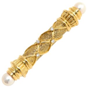 ミキモト MIKIMOTO ブローチ 2Pパール 4Pダイヤ イエローゴールド Au750 18K 18金 あこや アコヤ 真珠 砂目加工 梨地 【箱】 【中古】