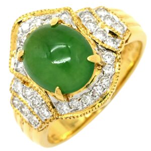 リング 指輪 ヒスイ ダイヤモンドリング イエローゴールド 翡翠 グリーン 緑 ジェダイト 18K Au750 ジェイダイト オーバル ひすい 11.5号 【中古】