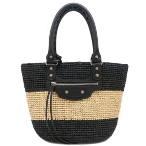 バレンシアガ BALENCIAGA トートバッグ パニエ XS ラフィア カーフ ブラック×ベージュ ガンメタル金具 カゴハンドバッグ 466498 【保存袋】 【中古】