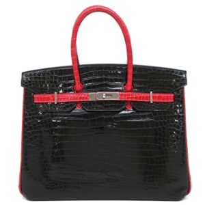 エルメス HERMES ハンドバッグ バーキン 35 ポロサス ブラック×ブレイズ シルバー金具 黒 赤 バイカラー クロコ ルテニウム金具 □K刻印 【保存袋】 【中古】