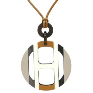 エルメス HERMES ネックレス Hエキップ バッファローホーン レザー ラッカー サーブル シルバー金具 茶 白 ベージュ H057087FL01 【箱】 【中古】未使用保管品