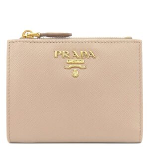 プラダ PRADA 二つ折り財布 メタルロゴ コンパクトウォレット レザー ベージュピンク ゴールド金具 2つ折り 1ML023 【箱】 【中古】未使用保管品