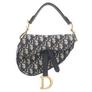 クリスチャン・ディオール Christian Dior ハンドバッグ サドル バッグ ミニ コットン レザー ネイビー系 ゴールド金具 オブリーク ジャカード ショルダーストラップ欠品 【中古】中古美品