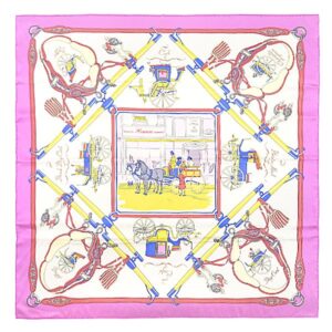 エルメス HERMES スカーフ カレ70 シルク ヴィオリンヌ ×グリペルル×イエロー 【 PALONNIERS /パロニエ】 【箱】 【中古】新品同様品
