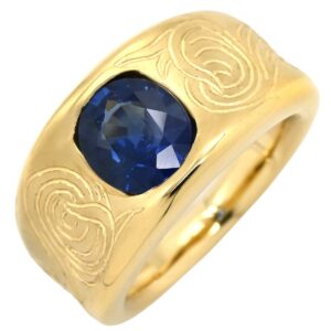 リング 指輪 ブルーサファイア ブルー×イエローゴールド 2.09ct イエローゴールド Au750 18K 18金 青 渦巻き 彫刻 アールデコ エングレーブ 幅広 天然 11号 【中古】