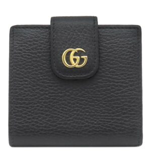グッチ GUCCI 二つ折り財布 GG プチマーモント コンパクト ジップ ウォレット レザー ブラック ゴールド金具 黒 コンパクトウォレット 523193 【中古】