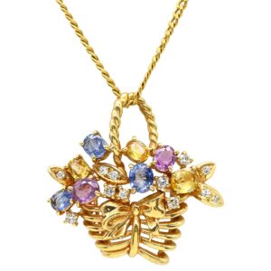タサキ TASAKI ネックレス フラワーバスケット モチーフ マルチカラー×イエローゴールド 750 K18YG 色石 ブローチ 社外チェーン 【中古】中古美品