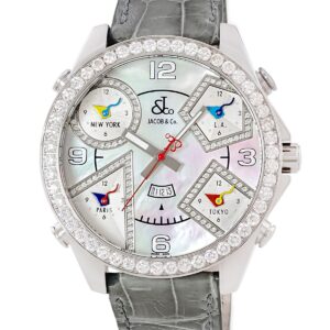 ジェイコブ JACOB&CO 5タイムゾーン 47mm 純正ダイヤ ホワイト シェル GMT デイト アラビア メンズ 腕時計クオーツ ホワイト 【中古】中古美品