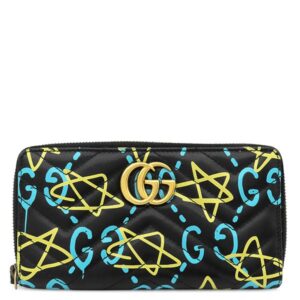 グッチ GUCCI 長財布 グッチ ゴースト ラウンドファスナー レザー ブラック×イエロー×ブルー ヴィンテージ金具 GG 星 落書き風 小銭入れ 448087 【中古】中古美品