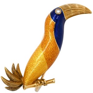 ブルガリ BVLGARI ブローチ エナメル オオハシモチーフ イエロー×ブルー×イエローゴールド Au750 18K ダイヤモンド 七宝 ギョーシェ ヴィンテージ 【中古】中古品