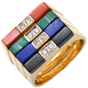 リング 指輪 ダイヤモンド 珊瑚 ラピスラズリ 色石 レッド×グリーン×ブルー×ブラック×イエローゴールド Au750 18K 4連 スタッキング 重ね付け 12号 【中古】中古品