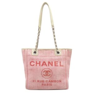 シャネル CHANEL トートバッグ ドーヴィル PM キャンバス レザー ピンク×ホワイト シルバー金具 ロゴ ココマーク チェーン トート 19****** 【中古】中古品