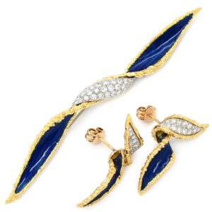 ブシュロン BOUCHERON ブローチ リーフ ツイスト ブローチ ピアス セット ブルー×イエローゴールド ダイヤモンド エナメル エマイユ 七宝 【中古】中古品