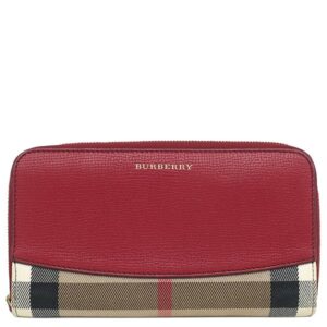 バーバリー BURBERRY 長財布 ハウスチェック ラウンドジップ ウォレット コットン レザー レッド×アーカイブベージュ ゴールド金具 赤 ベージュ チェック 小銭入れ 【中古】中古美品
