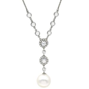 フォクシー FOXEY ネックレス 12.5mm パール ペンダント フェイクパール メタル ラインストーン パールホワイト シルバー金具 1粒 ラインストーン ドロップ スイング 【中古】