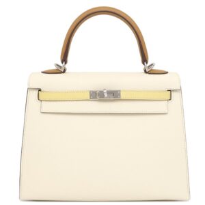 エルメス HERMES 2WAYバッグ ケリー25 外縫い トリコロール ヴォーエプソン ナタ×ジョーヌプッサン×セサミ シルバー金具 アイボリー 黄色 茶 U 【箱】 【中古】