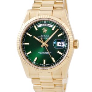 ロレックス ROLEX デイデイト 36 118238 メーカーOH済 G番 K18YG無垢 グリーン フルーテッドベゼル メンズ 腕時計自動巻き グリーン 【中古】中古美品