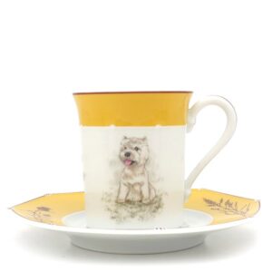 エルメス HERMES 食器 シャス ウエストハイランドホワイト カップ&ソーサー 磁器 ポーセリン イエロー×ホワイト 犬 コーヒーカップ ティーカップ 【箱】 【中古】