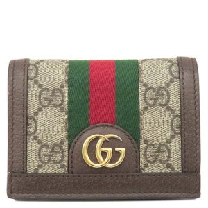 グッチ GUCCI 二つ折り財布 オフィディア GG カードケース GGスプリームキャンバス レザー ベージュ×エボニー ゴールド金具 ウェブ ストライプ 523155 【箱】 【中古】新品同様品