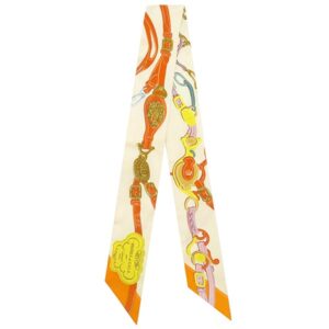 エルメス HERMES スカーフ ツイリー シルク クリーム×オレンジ×ジョーヌ 【ブリッドドゥガラ アップリケピケ】 【箱】 【中古】