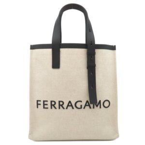 サルヴァトーレ・フェラガモ Salvatore Ferragamo トートバッグ ロゴ リネン コットン レザー ナチュラル×ネロ マットブラック金具 肩掛け 241297 【保存袋】 【中古】中古美品