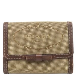 プラダ PRADA 三つ折り財布 ロゴ ジャガード キャンバス レザー ジャガード CORDA×BRUCIA ゴールド金具 カーキ リボン 1MH523 【箱】 【中古】