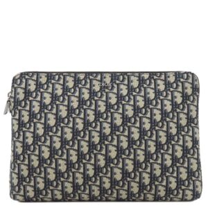 クリスチャン・ディオール Christian Dior セカンドバッグ オブリーク ジャカード ポーチ レザー ジャガード ネイビー系 シルバー金具 クラッチ 紺 【箱】 【中古】