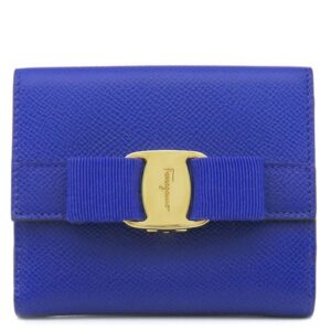 サルヴァトーレ・フェラガモ Salvatore Ferragamo 二つ折り財布 ヴァラ リボン レザー ブルー ゴールド金具 青 コンパクトウォレット 22A926 【中古】中古美品
