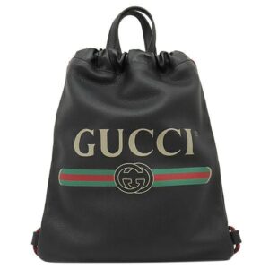 グッチ GUCCI 2WAYバッグ スモール ドローストリング バックパック レザー ブラック ゴールド金具 黒 ナップサック トート ロゴプリント 523586 【中古】新品同様品