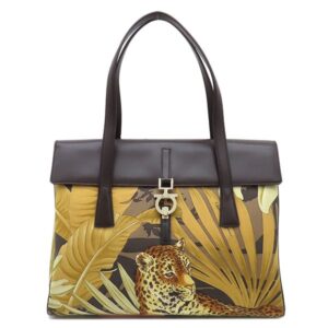フェラガモ FERRAGAMO トートバッグ ガンチーニ キャンバス レザー ブラウン×マルチカラー ゴールド金具 茶 ヒョウ アニマル 【保存袋】 【中古】中古美品