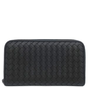 ボッテガヴェネタ BOTTEGA VENETA 長財布 イントレチャート ラウンドファスナー レザー ブラック ガンメタル金具 黒 【箱】 【中古】未使用保管品