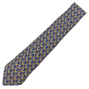 エルメス HERMES ネクタイ 総柄 9cm シルク ネイビー×ブラウン トランペット 楽器柄 【中古】