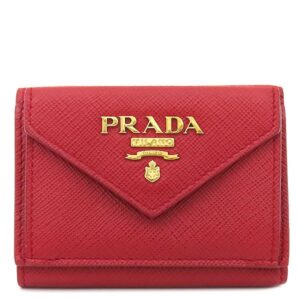 プラダ PRADA 三つ折り財布 サフィアーノ メタルロゴ レザー レッド ゴールド金具 コンパクトウォレット 赤 1MH021 【中古】