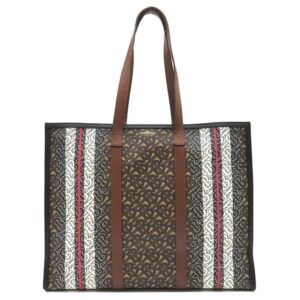 バーバリー BURBERRY トートバッグ TBモノグラム ストライプ Eキャンバス トート コーティングキャンバス レザー ブラウン×マルチカラー ゴールド金具 茶 白 黒 赤 【中古】中古美品