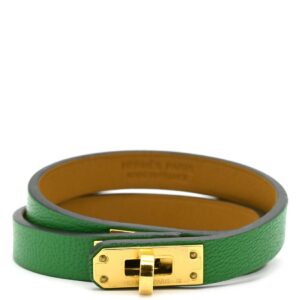 エルメス HERMES ブレスレット ケリードゥブルトゥール レザー メタル シャムキラ バンブー×ゴールド T2 ゴールド金具 緑 U刻印 【箱】 【中古】
