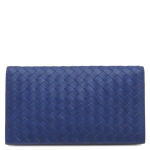 ボッテガヴェネタ BOTTEGA VENETA 長財布 イントレチャート 二つ折り ウォレット レザー ブルー ブラック金具 青 2つ折り 【保存袋】 【中古】