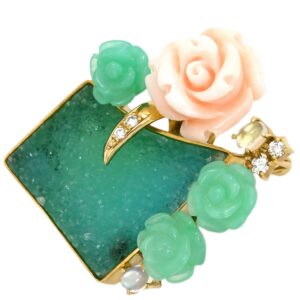 ブローチ バラ ローズモチーフ ピンク×グリーン×イエローゴールド Au750 18K 18金 YG バラ ローズ 花モチーフ ネックレストップ 【中古】中古品