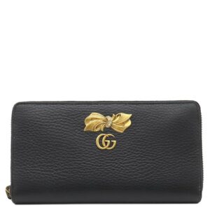 グッチ GUCCI 長財布 ボウ ジップアラウンド ウォレット レザー ブラック ヴィンテージ金具 黒 ピンク GGマーモント リボンモチーフ 花柄 524291 【箱】 【中古】中古美品