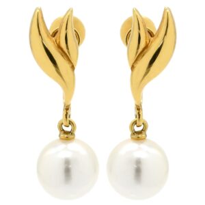 ミキモト MIKIMOTO イヤリング パール リーフモチーフ パールホワイト×イエローゴールド Au750 18K 真珠 あこや アコヤ 葉 植物 ネジ式 スイング ドロップ 【中古】中古美品
