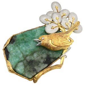 石川暢子 NOBUKO ISHIKAWA ブローチ エメラルド 57.67ct 鳥 グリーン×イエローゴールド×プラチナシルバー 18K 750 YG プラチナ コンビ ダイヤ 帯留め ペンダントトップ 【ケース】 【中古】中古美品