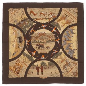 エルメス HERMES スカーフ カレ90 カシミヤ シルク ブラウン×ベージュ×マルチカラー 【TANZANIE/タンザニア】 【中古】