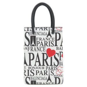 バレンシアガ BALENCIAGA ショルダーバッグ ボンジュールパリ ショッピング フォンホルダー レザー ホワイト×ブラック シルバー金具 白 黒 593826 1BW5N 【中古】中古美品
