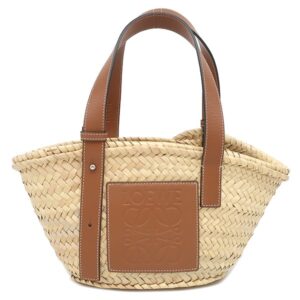 ロエベ LOEWE ハンドバッグ バスケットバッグ スモール ラフィア カーフ ナチュラル×タン シルバー金具 茶 かごバッグ 【保存袋】 【中古】