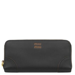 ミュウミュウ MIU MIU 長財布 ロゴ ラウンドファスナー カーフ ブラック×コニャック ゴールド金具 黒 茶 NERO COGNAC ラウンドジップ 5ML506 2CSB 【箱】 【中古】中古美品